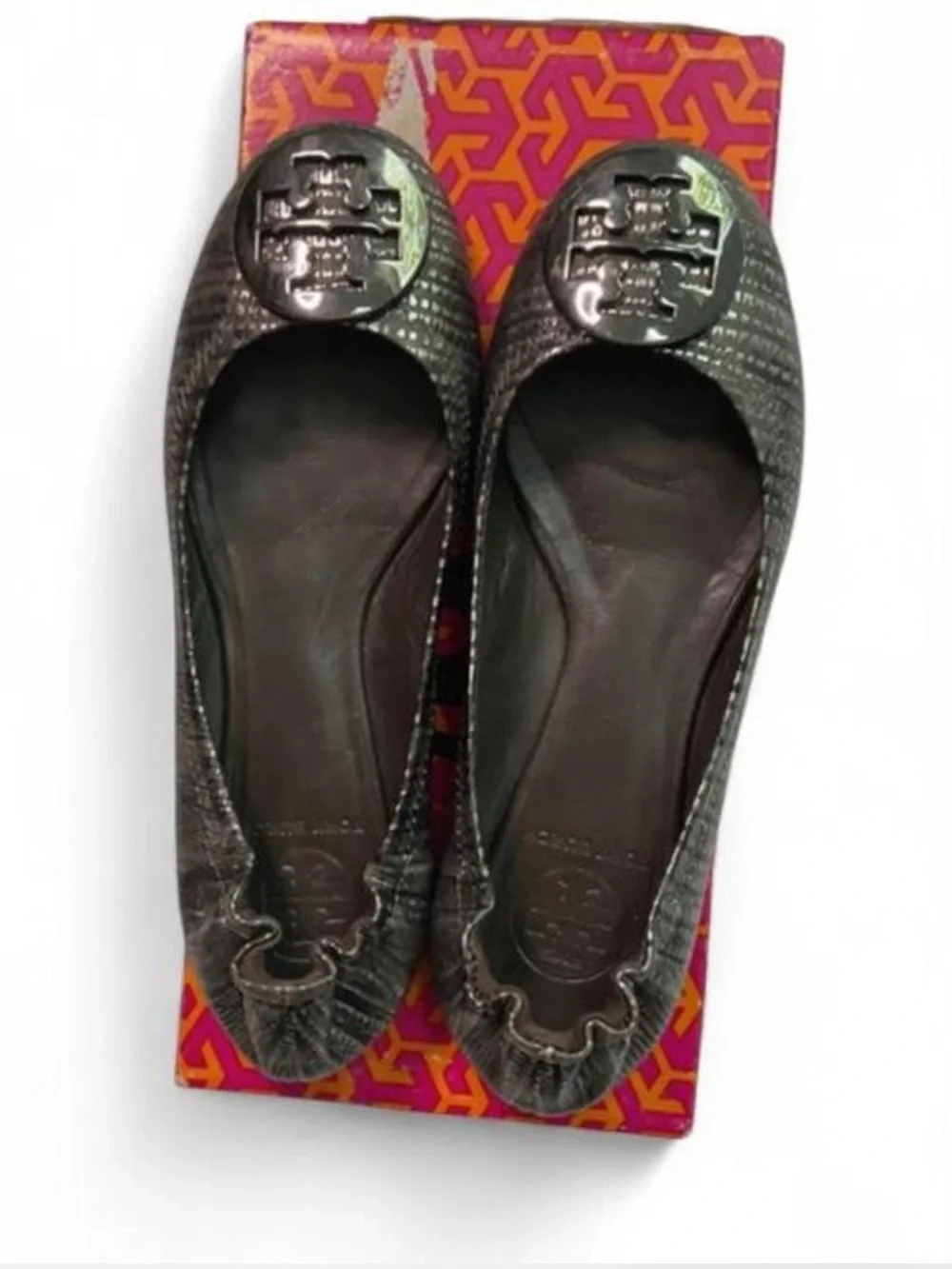 Tory Burch Reva flats, metallic snake-embossed leather, silver-tone logo, 7